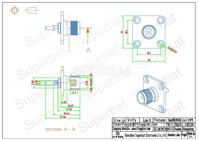 TNC Jack Female Connector Straight 4 Hole Flange Crimp RG316