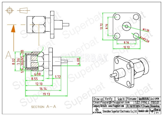RP SMA Plug Female Straight 4 Hole Flange Solder Connector