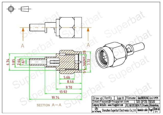 Superbat SMA Crimp Plug Male Straight RF Connector for RG178, 1.13, 1.37 Cable