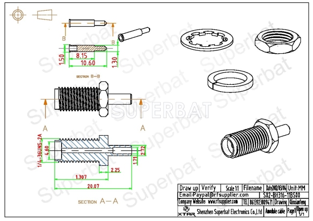 Superbat RP-SMA Jack (male pin) Crimp Connector for RG174 RG316 LMR100