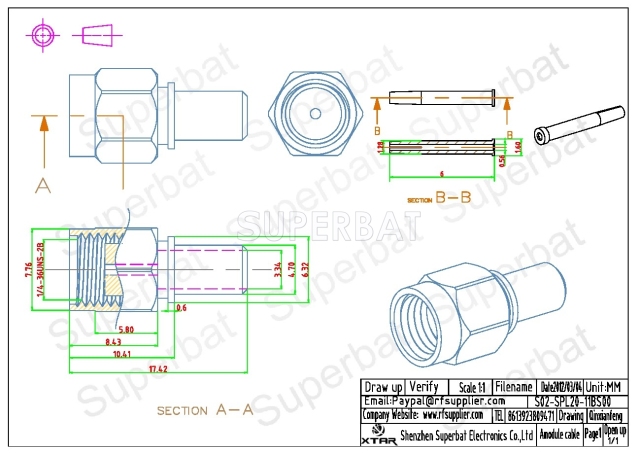 Superbat RP-SMA Plug female Crimp connector for LMR200 cable