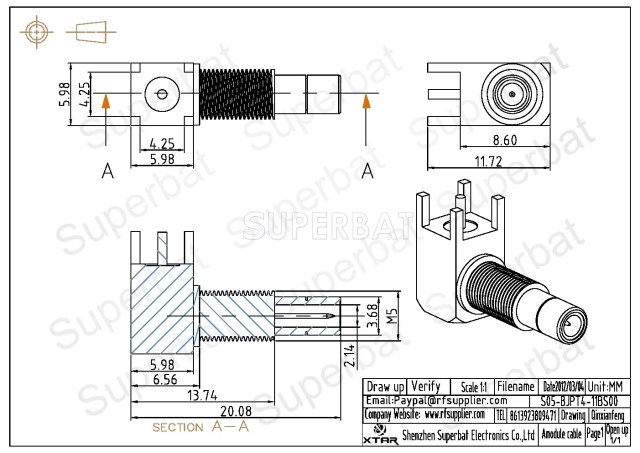 SMB Jack Male Bulkhead Right Angle Solder Connector