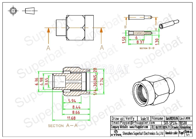 Superbat SMA Male Solder Connector for 0.141" RG402 Semi Rigid Cable
