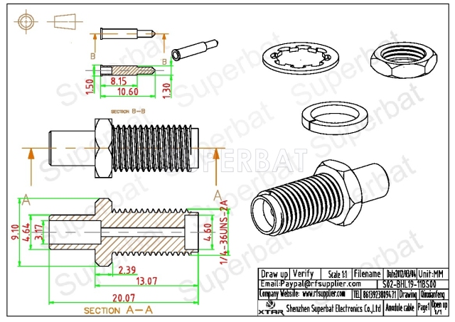 Superbat RP-SMA Jack (male pin) Crimp Connector for LMR195 RG58 Cable
