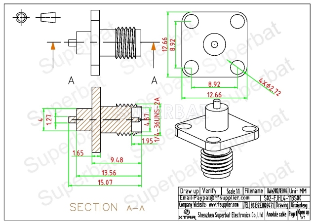 RP SMA Jack Male 4 Hole Panel Mount Flange Straight Solder Connector