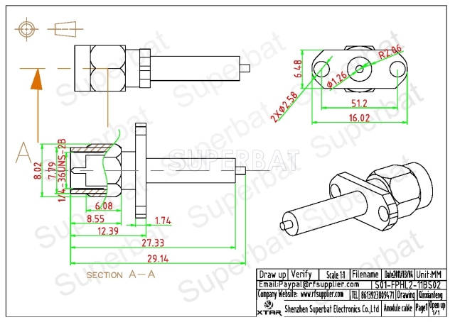 SMA Male 2 Hole Flange Plug Straight Solder Connector with long insulator