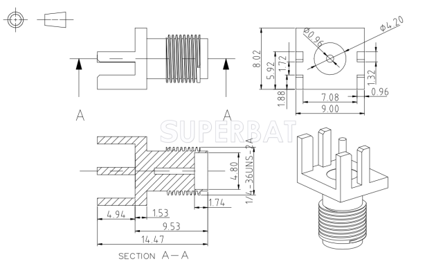 SMA Jack Female Edge Mounted Straight PCB Connector for 0.062 inch End Launch