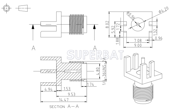 SMA Jack Female PCB Connector Straight Solder .062 inch End Launch