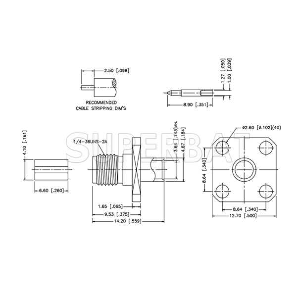 SMA Straight Solder Reverse Polarized Female Jack  4 Hole Flange Connector for .141 Semi-Rigid Cable