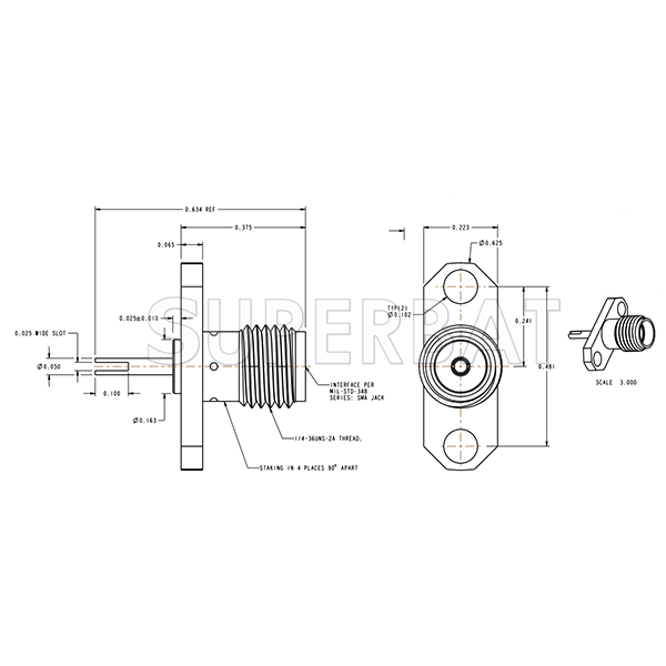 Superbat RF Connector SMA Straight Jack Female Panel Mount Round Post 50 Ohm 2-Hole Flange