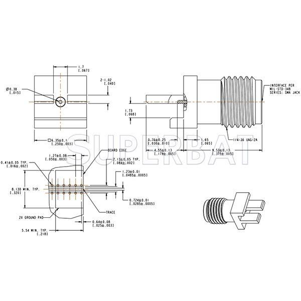SMA Female Jack Straight Slide-On Square Flange 50 Ohm for .068 inch PCB End Launch