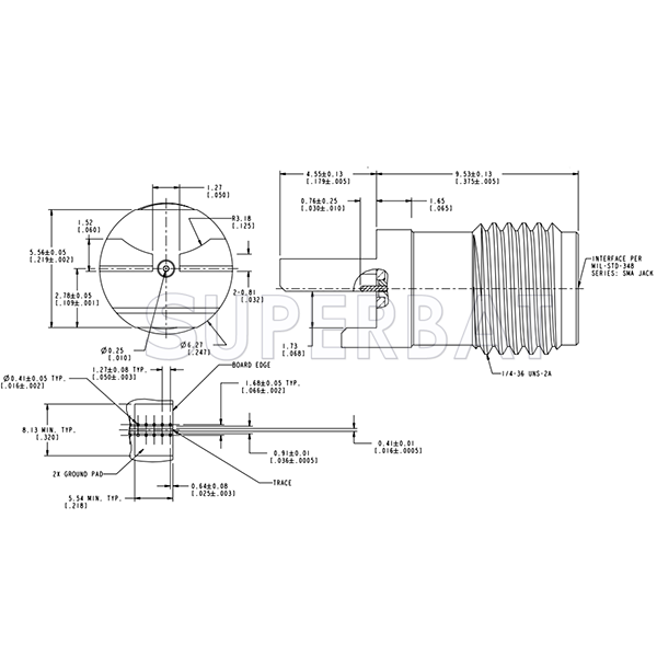 SMA Female  Jack Straight Slide-On Round Flange Beveled Leg for .068 inch PCB End Launch