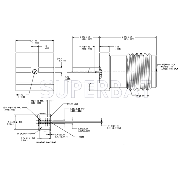 SMA Female Jack Straight Slide-On Square Flange for .068 inch PCB End Launch