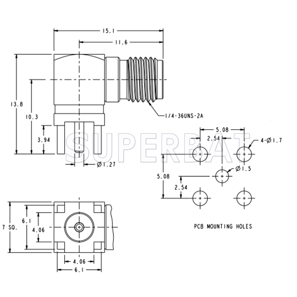 Superbat SMA right angle PCB Thru 4 hole Jack Female straight connector