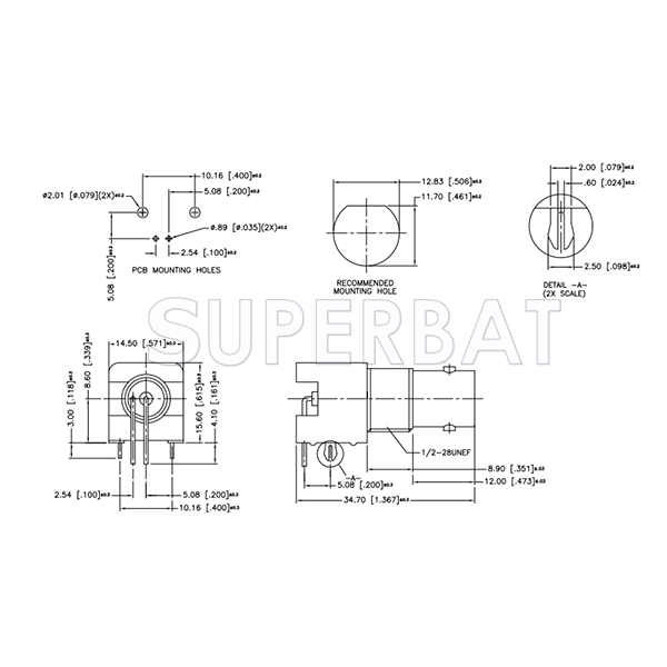 Superbat BNC Jack Right Angle Through Hole Bulkhead PCB Mount 75 Ohm