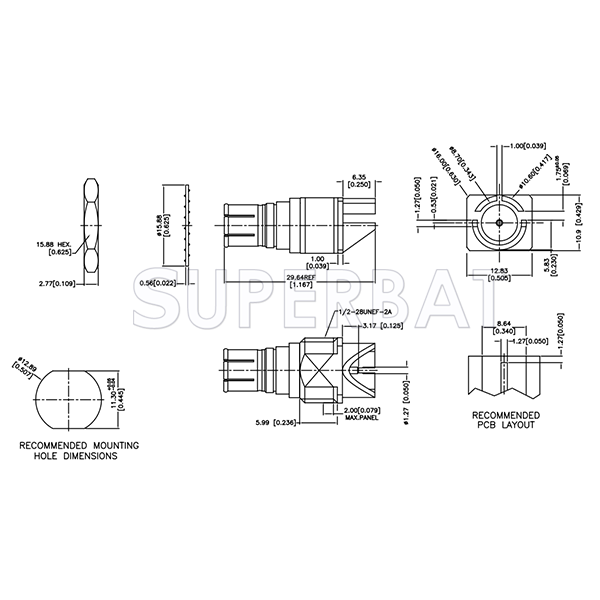 Superbat BNC End Launch Push-On Plug for 0.062 inch PCB 75 Ohm Bulkhead Connector