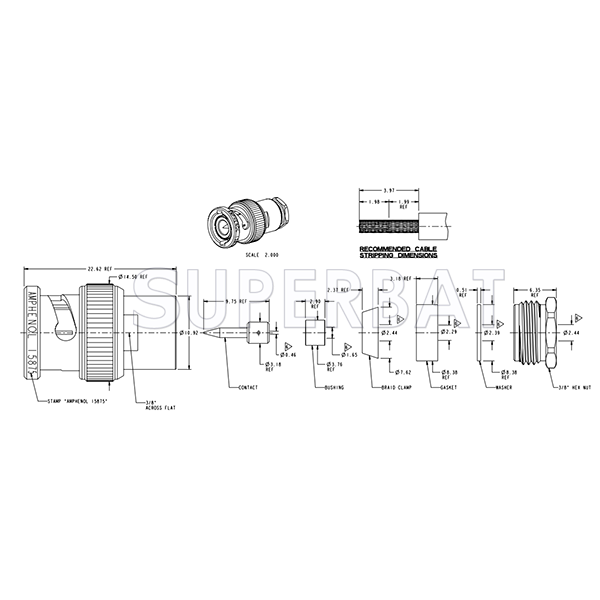Superbat BNC Male Plug Straight Clamp Connector 50 Ohm for RG-178