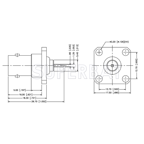 Superbat RF Connector BNC Straight Jack Female 4 Hole Flange Solder Cup 75 Ohm