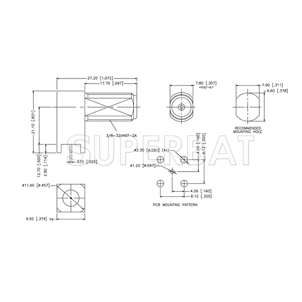 75 Ohm F Type Jack Female Right Angle PCB Mount Bulkhead RF Connector with Post Terminal