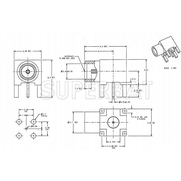 75 Ohm MCX Female Jack Right Angle Post Terminal Four Stud PCB - Through Hole Mount