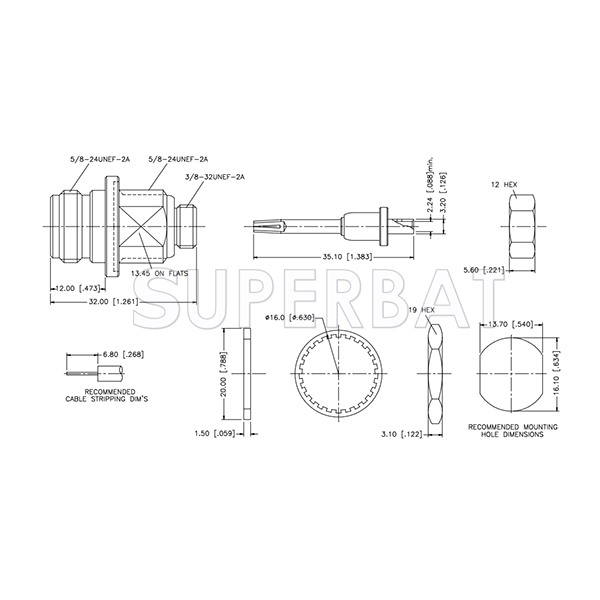 Superbat N Type Jack Female Straight Bulkhead with O-ring Solder Connector for .085 Semi-Rigid Cable