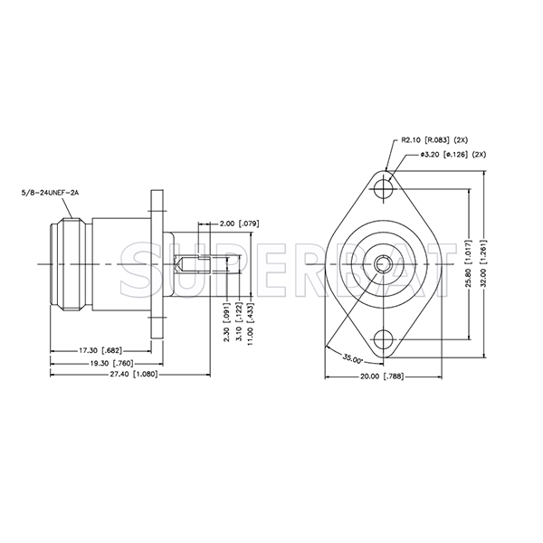 Superbat 50 Ohm N Type Jack Female Straight 2 Hole Flange Solder Cup Connector