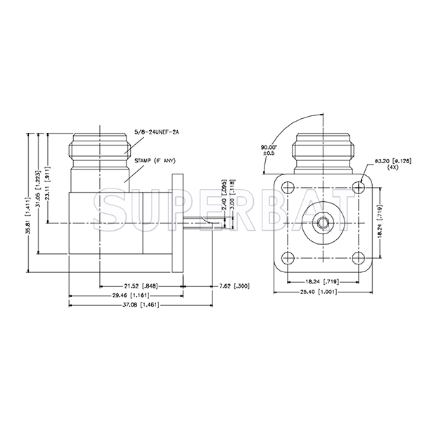Superbat 50 Ohm RF Connector N Type Right Angle Jack Female Solder Cup 4-Hole Flange Connector