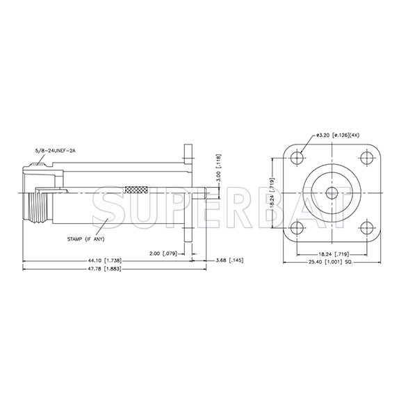 Superbat N Type Straight Jack Round Post 50 Ohm 4-Hole Flange