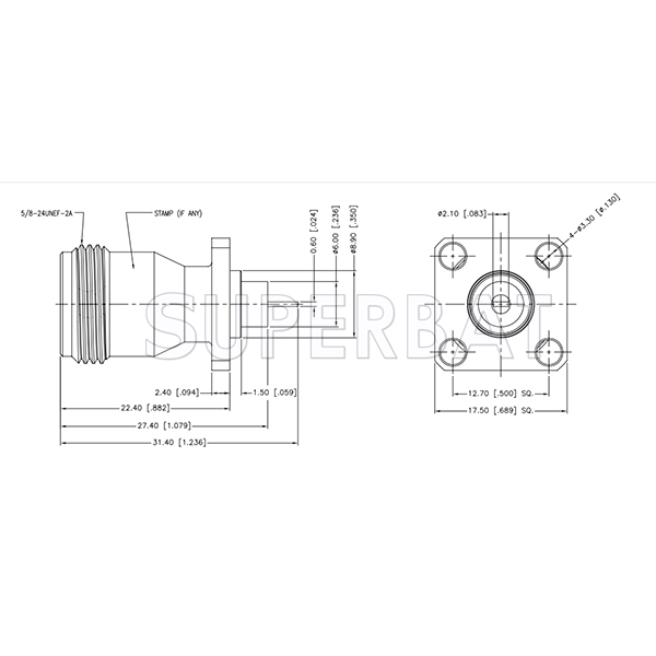 Superbat N Type Straight Jack Flat Tab 50 Ohm 4-Hole Flange Connector