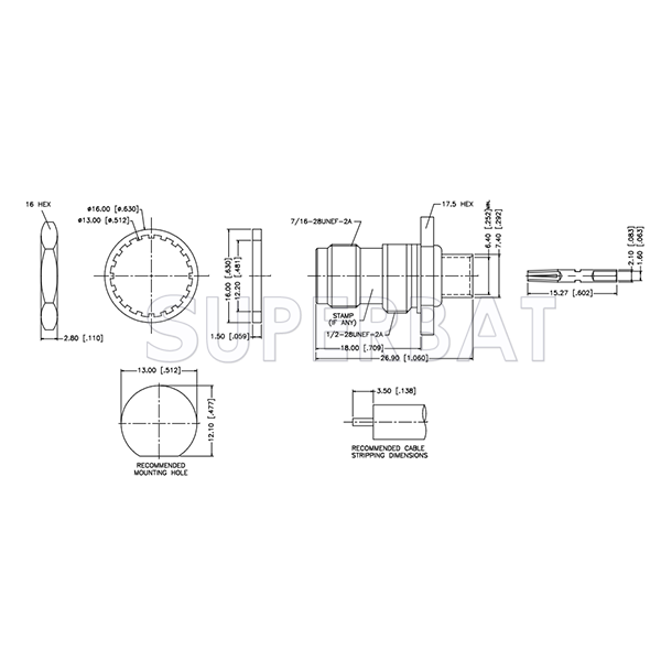 TNC Female Jack Solder Bulkhead Straight Connector 50 Ohm with O-ring for 0.250" Semi-Rigid Cable