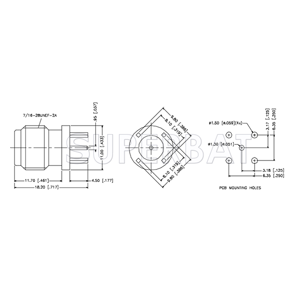 Superbat TNC Female Jack PCB Through Hole Straight RF Connector 50 Ohm