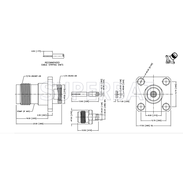 TNC Female Jack Solder 4-Hole Flange Straight Connector 50 Ohm for .085" Semi-Rigid Cable