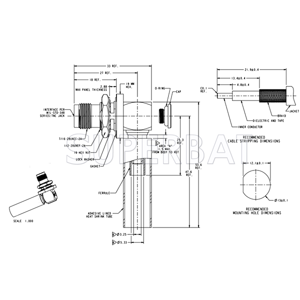 TNC Female Jack Crimp Right Angle Bulkhead ARC Connector with O-ring for LMR-200 Coax Cable