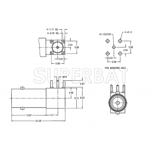 Superbat Mini-BNC Right Angle Female Jack PCB Through Hole Connector 75 Ohm