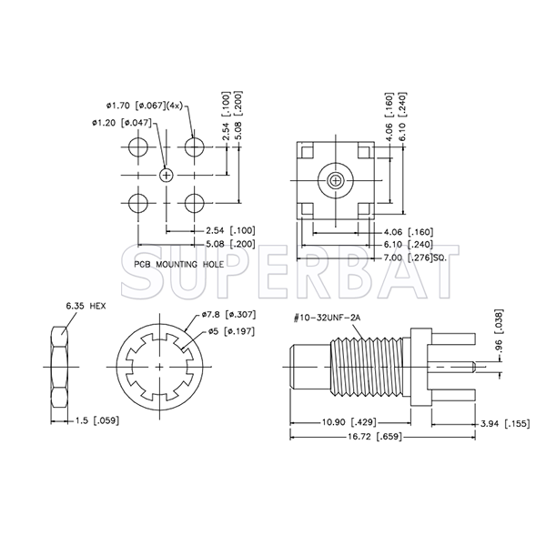 Superbat SMC Straight Jack Female Bulkhead PCB Through Hole Connector
