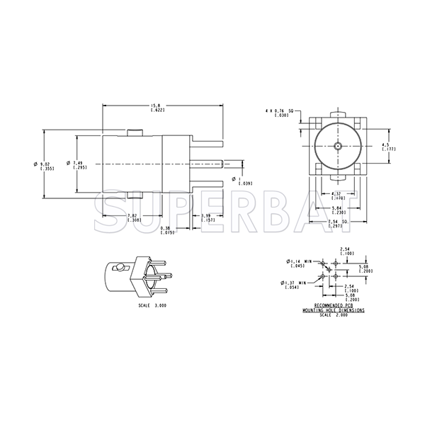 75 Ohm Superbat Mini-BNC Female Jack Straight PCB Through Hole Connector