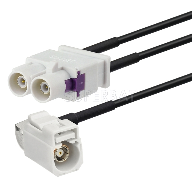 Fakra Cream Double Straight Plug to Fakra Cream Right Angle Jack RG174 Y shape
