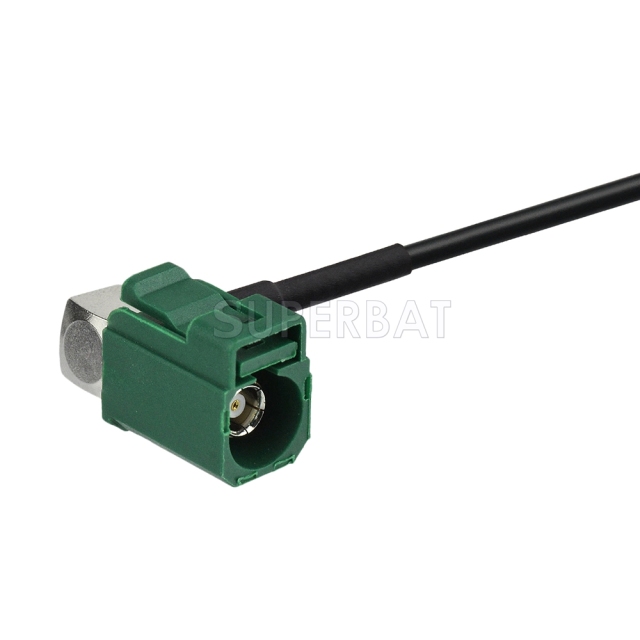 Fakra Leaf Green Right Angle Jack to Fakra Leaf Green Straight Jack RG174
