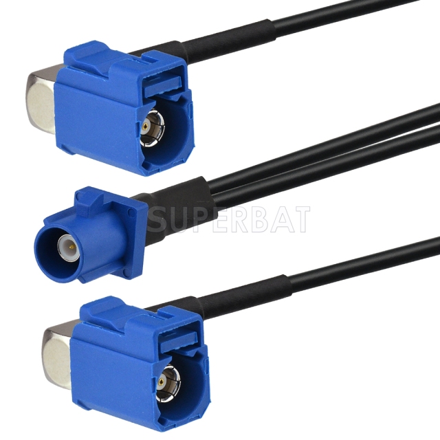 Fakra Signal Blue Straight Plug to Fakra Signal Blue Right Angle Jack to Fakra Signal Blue Right Angle Jack RG174 Y shape