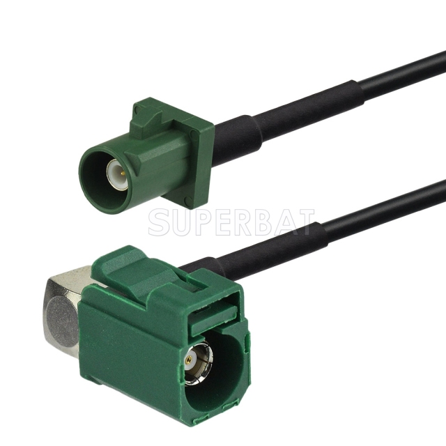 Fakra Leaf Green Right Angle Jack to Fakra Leaf Green Straight Plug RG174