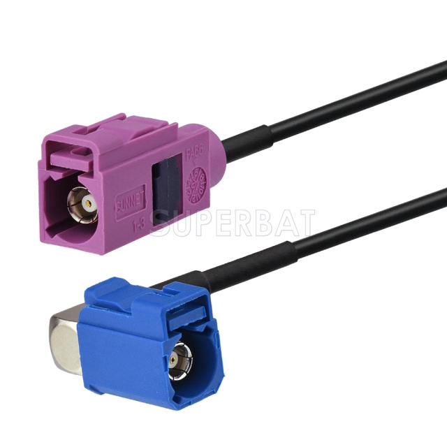 Fakra Signal Blue Right Angle Jack to Fakra Heather Violet Straight Jack RG174