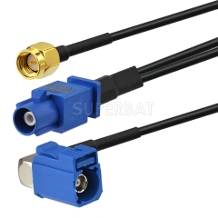 Fakra Signal Blue 1 Straight Plug to Fakra Signal Blue Right Angle Jack to SMA Straight Plug RG174 V shape