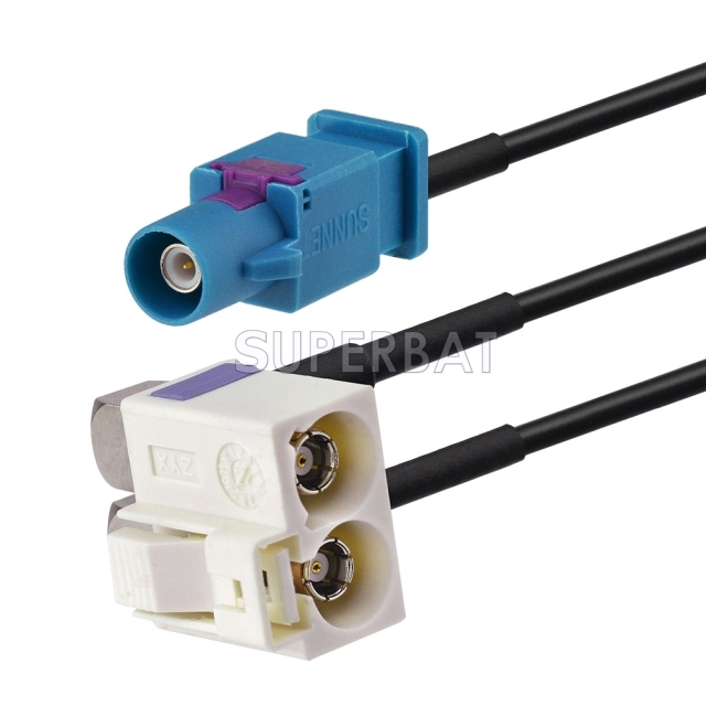 Fakra Cream Double Right Angle Jack to Fakra Water Blue 1 Straight Plug RG174