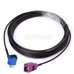 Fakra Signal Blue Right Angle Jack to Fakra Heather Violet Straight Jack RG174