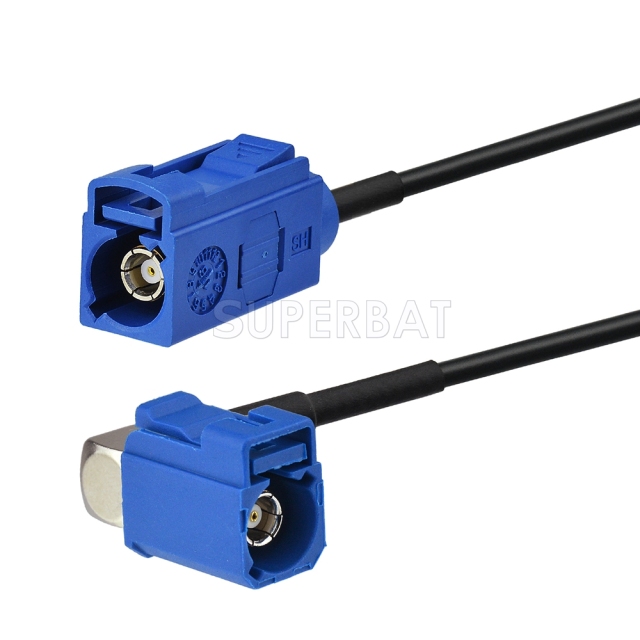 Fakra Signal Blue Right Angle Jack to Fakra Signal Blue Straight Jack RG174