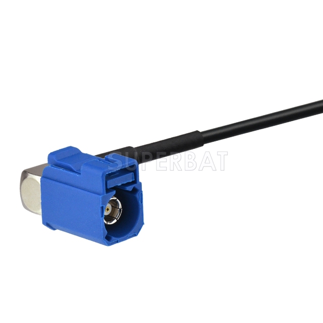 Fakra Signal Blue Right Angle Jack to Fakra Heather Violet Straight Jack RG174