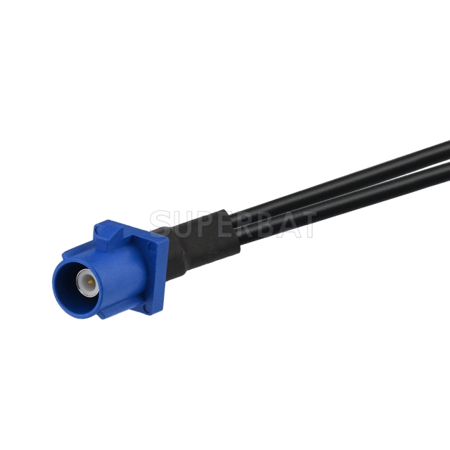 Fakra Signal Blue Straight Plug to Fakra Signal Blue Right Angle Jack to Fakra Signal Blue Right Angle Jack RG174 Y shape