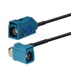 Fakra Water Blue Right Angle Jack to Fakra Water Blue Straight Jack RG174