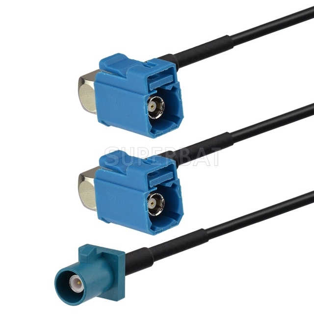 Fakra Water Blue Straight Plug to Fakra Water Blue Right Angle Jack to Fakra Water Blue Right Angle Jack RG174 Y shape