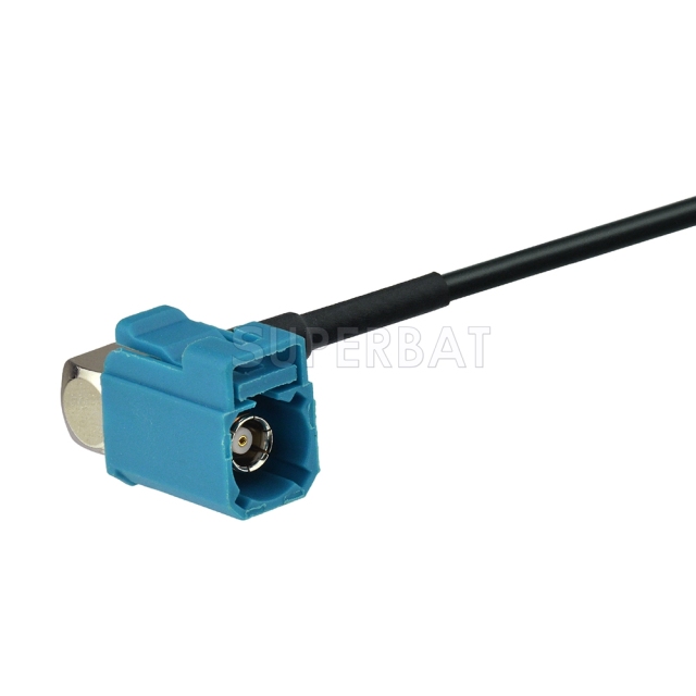 Fakra Water Blue Right Angle Jack to Fakra Water Blue Straight Jack RG174